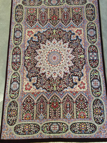 3x5 Beige Silk hunting Qum Handmade Persian Rug 