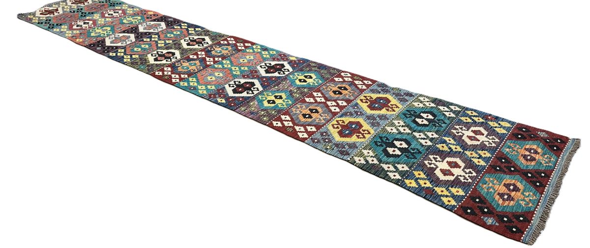 Hand-Woven Tribal Afghan Kazak Kilim Runner