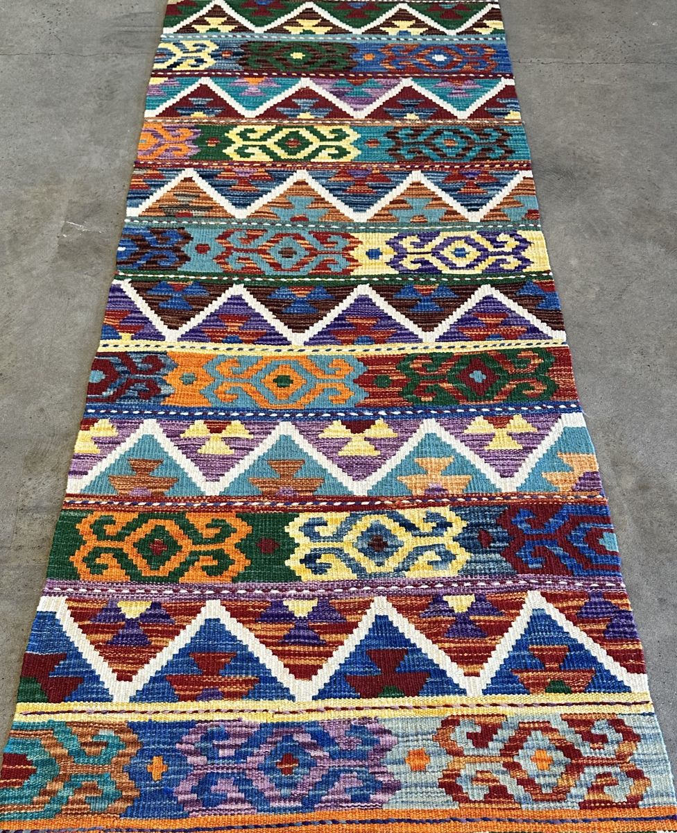 Hand-Woven Tribal Afghan Kazak Kilim Runner