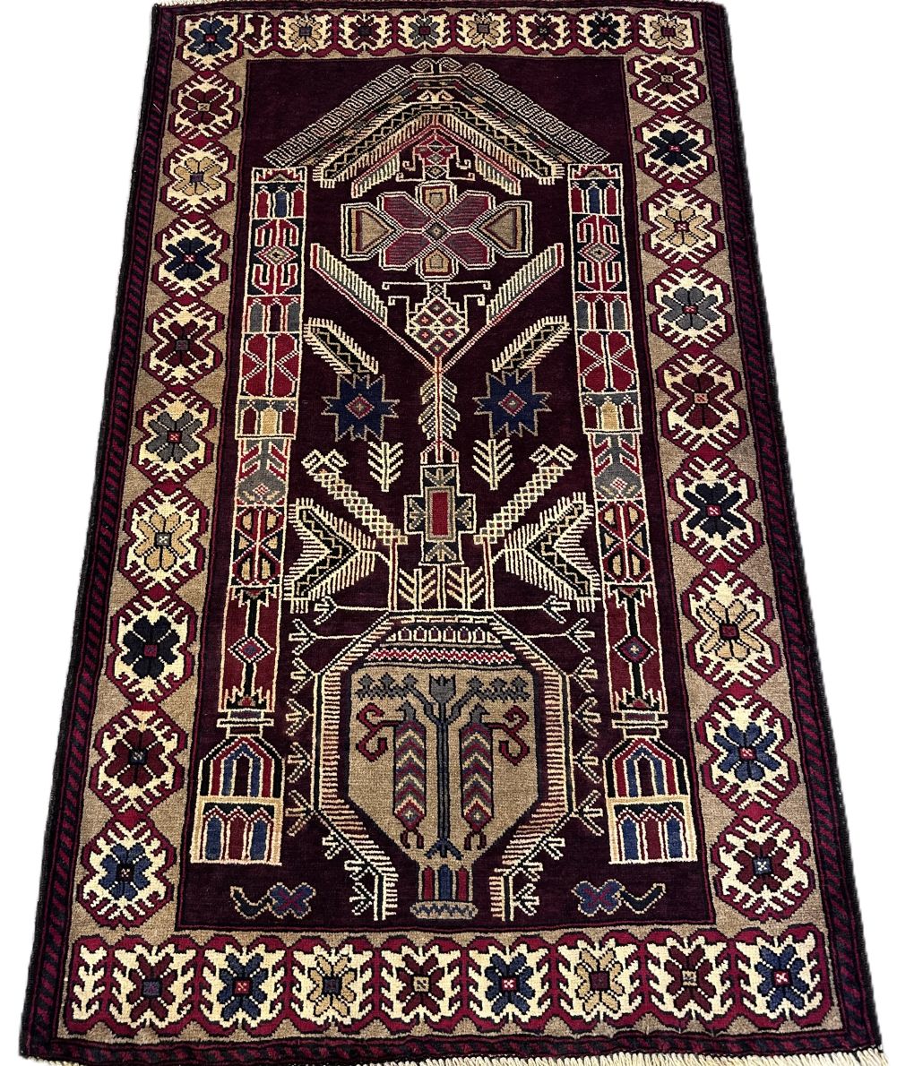 Hand-Knotted Tribal Afghan Balouch Prayer Rug