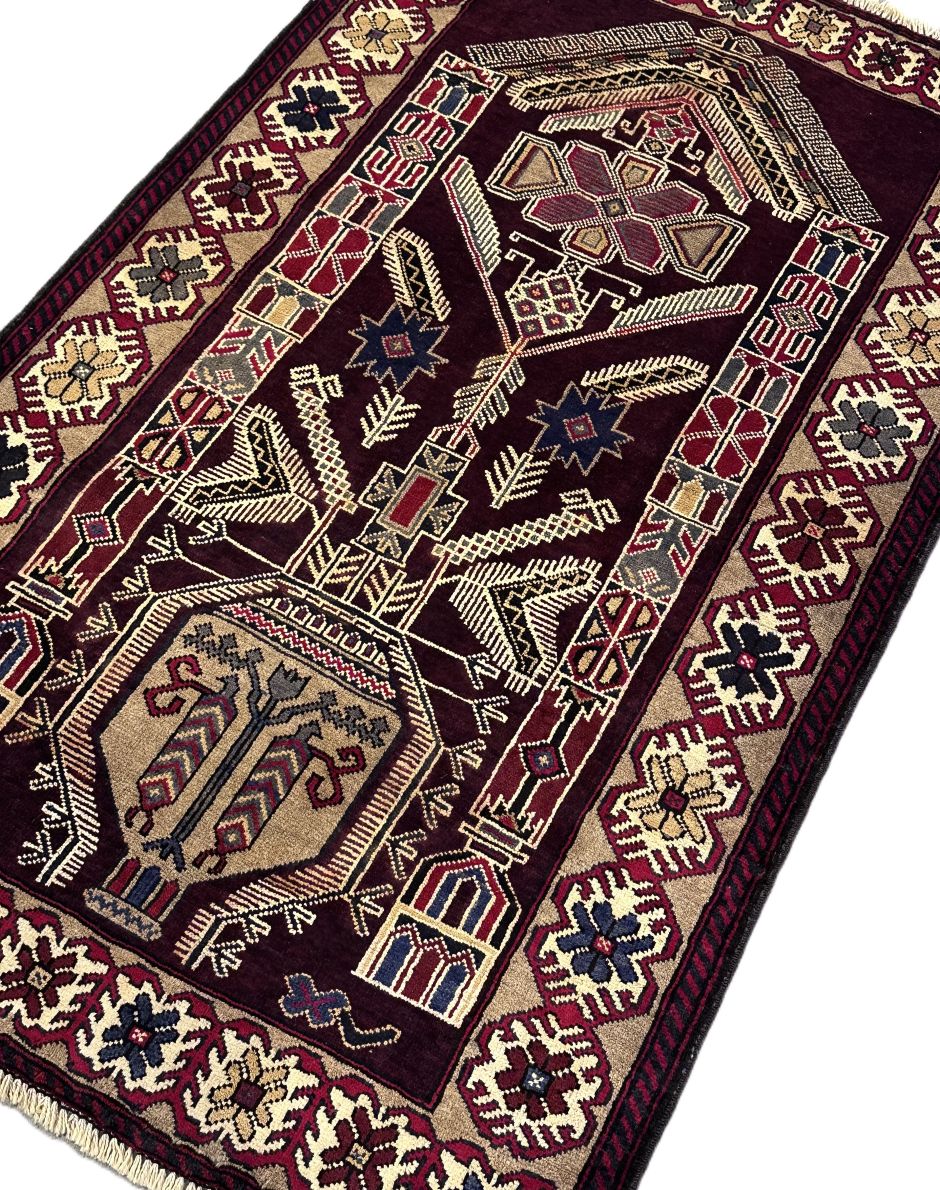 Hand-Knotted Tribal Afghan Balouch Prayer Rug
