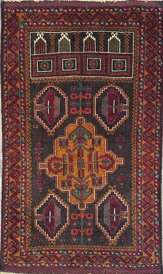 Hand-Knotted Tribal Afghan Balouch Prayer Rug